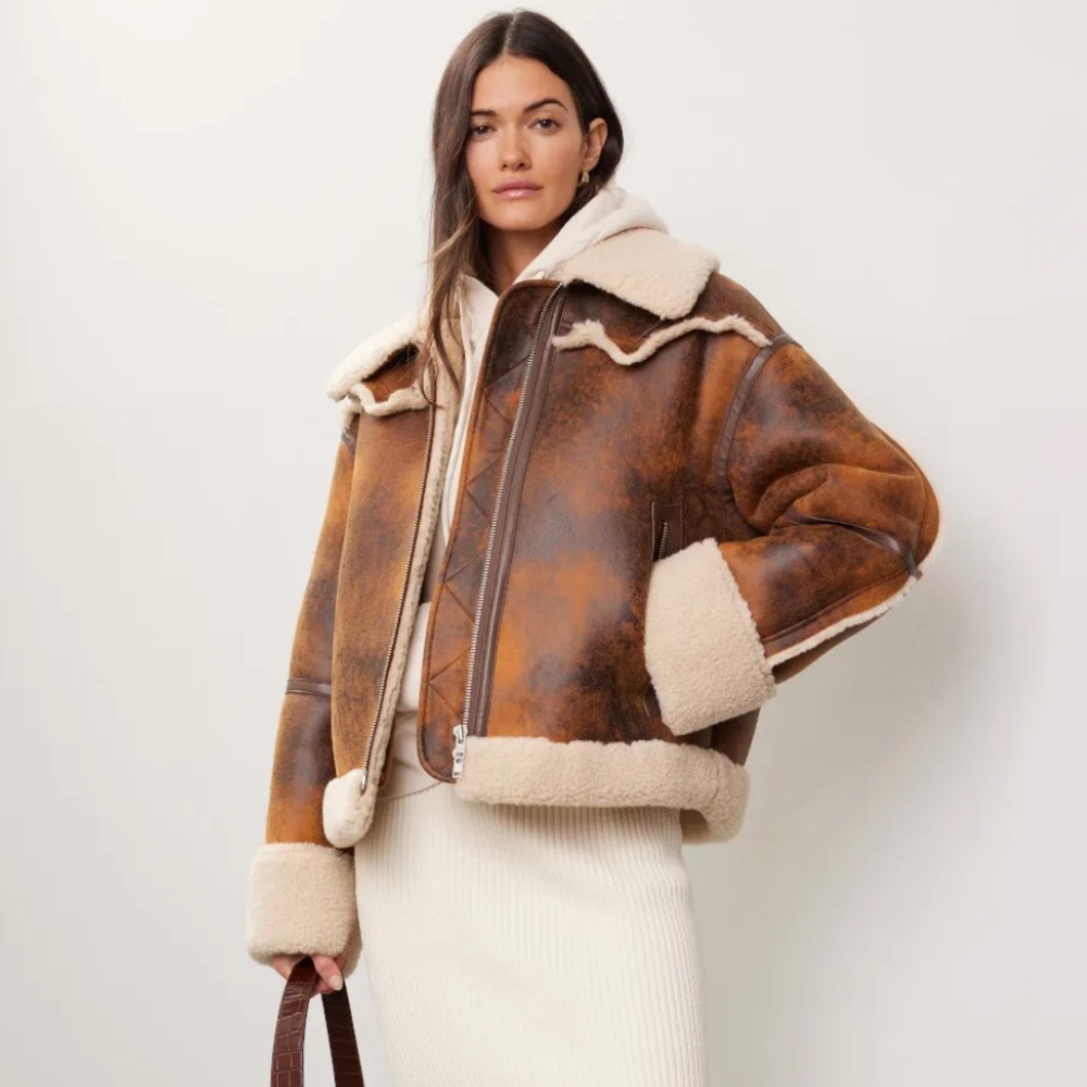 Stand Studio Lessie Faux Leather & Shearling Brown Cream Jacket size 36/US 4 NEW
